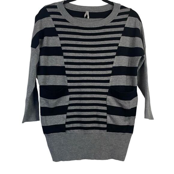 Max Womens Striped Pattern Rib Crew Neck Long Sleeve Sweater Gray & Black Medium - Picture 1 of 10